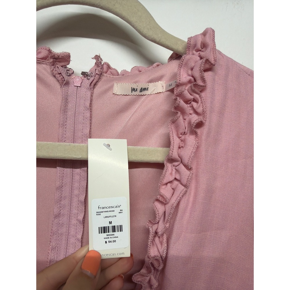 Pink Ruffle Tiered Mini Dress Puff Sleeve Coquette Milkmaid Medium NWT - Picture 3 of 5